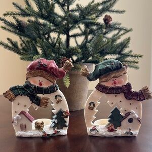 Festive Snowman Set of Tea Light Candle Holders - Red and Green